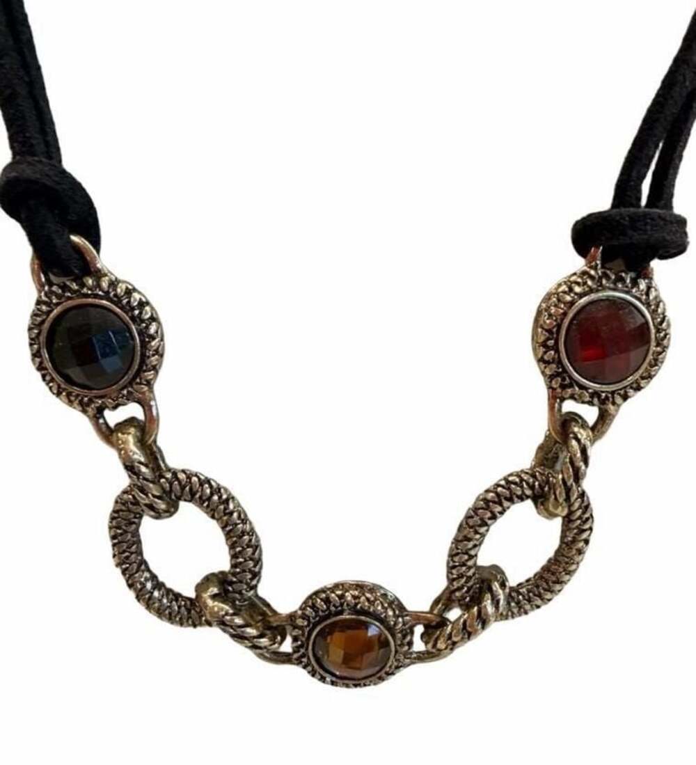 Lia Sophia Cassava Necklace Black Suede Cord Cut Crystals Gold Tone